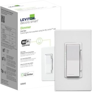 Leviton Decora Smart Dimmer Switch, Wi-Fi 2nd Gen, Neutral Wire Required, Works with Matter, My Leviton, Alexa, Google Assistant, Apple Home/Siri & Wired or Wire-Free 3-Way, D26HD-2RW, White