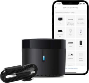 BroadLink RM4 Mini Smart Remote and Sensor Cable Set RM4 Mini S (2.4 GHz Wi-Fi Only), Universal IR Remote Control Hub with Temperature Humidity Monitor USB Cable, Works with Alexa