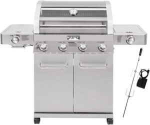 Monument Grills Larger 4-Burner Propane Gas Grills Stainless Steel Cabinet Style with Infrared Side Sear & Side Burners with Stainless Steel Rotisserie Kit(2 Items)