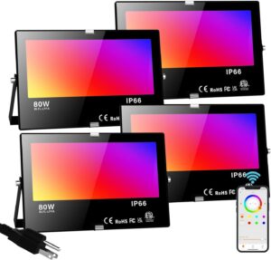 LED Flood Light Outdoor 800W Equivalent Bluetooth Smart Color Change Landscape Lighting DIY-Scene+RGB Colors+Warm White 2700K - APP & Group Control & Timing,IP66 Waterproof US 3-Plug Up Light 4Pack