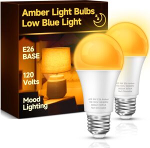 Amber Sleep Light Bulbs, Blue Light Blocking, 9W (60W Equivalent), 1800K A19 E26 Warm White Dim Light Bulb for Bedroom, Nursery, Relaxation –Eye Comfort, Better Sleep
