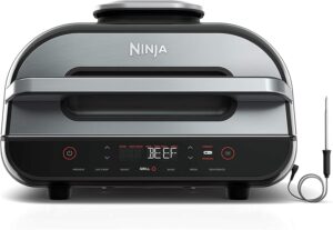 Ninja Indoor Grill, Foodi Smart XL 6-in-1 Indoor Grill with Air Fry, Roast, Bake, Broil & Dehydrate, Smart Thermometer, Black/Silver, FG551