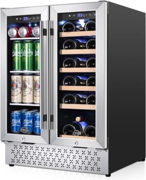 Tylza Wine and Beverage Refrigerator 24 Inch Dual Zone, French Door Wine and Beverage Cooler 24'' Built-In or Freestanding Drink Fridge, Under Counter Beer Refrigerator