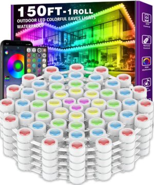 150FT Permanent Outdoor RGB Lights - IP67 Waterproof with Smart App Control Remote, DIY Scene Modes, Music Synchronization, Eaves Lights for Garden Decor, Deck, Christmas, Party, Party, Halloween,Roof