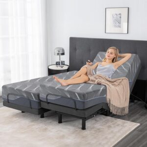 Split King Adjustable Bed Frame with Mattress, 12 Inch Grey Gel Memory Foam Medium-Firm Mattress in Box, Easy Assembly Adjustable Bed Base with Wireless Remote, Smart Electric Bed Frame