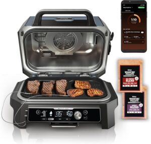 Ninja OG951 Woodfire Pro Connect Premium XL Outdoor Grill & Smoker, Bluetooth, App Enabled, 7-in-1 Master Grill, BBQ Smoker, Outdoor Air Fryer, Woodfire Technology, 2 Built-In Thermometers, Black
