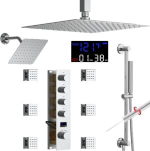 AYIVG Chrome Thermostatic Dual Rainfall Full Body Shower System with 2 In 1 Hand shower Wand Adjustable Slide Bar 12 Inch and 8 Inch Rain Shower Head 6 Jets Temperature Display Shower Faucet Set