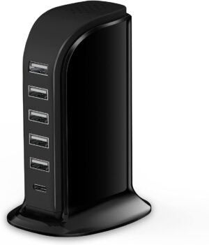 Charger Block 6 in 1 Upoy, 40W USB C Charger 3A, Charging Hub with 5 USB Ports(Shared 6A) for Multiple Electronics, USB Charging Station Multiports, Universal Desktop Phone Charger Travel Ready, Black