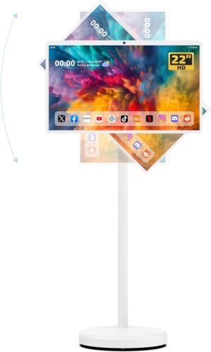 22 Inch Portable Smart Screen On Wheels, 1080P Touchscreen Display, Rolling TV with 13MP HD Build-in Camera, Android 13 OS,10W Stereo Speakers, Built-in Battery(6-8H),Remote Control, 6+128GB Storage