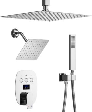 Shower System Chrome Shower Faucet Set with Temperature Digital Display Function, with 12 Inch Ceiling Mounted and 8 Inch Wall Mounted Dual Shower Head Set, Handheld Spray