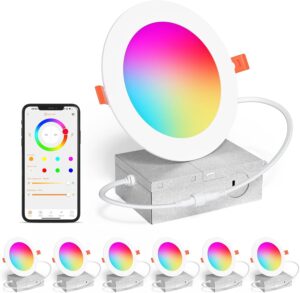Smart Recessed Lighting 4 Inch RGBCW Color Changing 12W LED Downlight with Junction Box,1000 Lumen Recessed Ceiling Light Compatible with Alexa,Dimmable by Bluetooth Control -6Pack