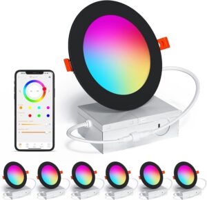 Smart Recessed Lighting 4 Inch Black RGBCW Color Changing 12W LED Downlight with Junction Box,1000 Lumen Recessed Ceiling Light Compatible with Alexa,Dimmable by Bluetooth Control -6Pack