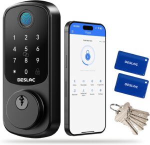 DESLOC B200 Fingerprint Smart Door Lock, Keyless Entry Door Lock, App Control, Smart Locks for Front Door, Smart Deadbolt Lock, Touchscreen Keypad, Emergency Power Port, 12 Months Battery, IP54