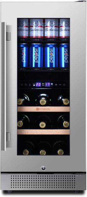 15 Inch Wine and Beverage Refrigerator, 13 Bottle & 48 Cans Dual Zone Wine Cooler, 37-65°F, Freestanding/Under Counter Beverage Fridge with Stainless Steel Tempered Glass Beech Shelves Lock