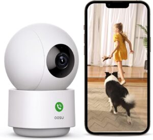 AOSU 2K Security Camera Indoor, Baby Monitor Pet Camera 360-Degree for Home Security with 2.4 GHz Wi-Fi Router, One-Touch Call, Smart Motion Tracking, IR Night Vision, Compatible with Alexa