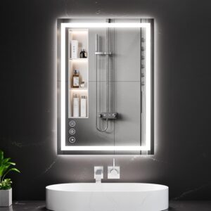 Koonmi 20x28 LED Bathroom Mirror, Backlit + Front Lit, LED Bathroom Mirror with Lights for Wall, 3 Colors, Anti-Fog, Dimmable Brightness, Memory Function, Tempered Glass