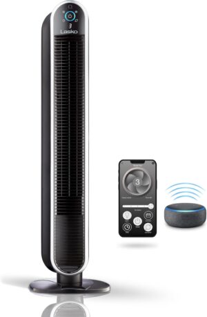 Lasko 40” Smart Oscillating Tower Fan Powered by Aria, Wi-Fi Connected, Voice Controlled, Compatible with Alexa and Google Assistant, Timer, 5-Speeds, Black, T40733, Large