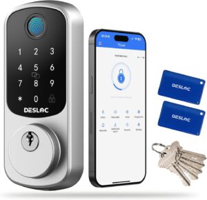 DESLOC B200 Fingerprint Smart Door Lock, Keyless Entry Door Lock, App Control, Smart Locks for Front Door, Smart Deadbolt Lock, Touchscreen Keypad, Emergency Power Port, 12 Months Battery, Sliver