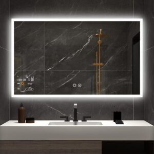 40 x 24 Inch Led Smart Bathroom Mirror with Lights, Anti Fog Lighted Vanity Mirror with Weather Time Wall Mounted, White/Warm/Natural Light Dimmable, CRI92, IP54 Waterproof (Horizontal)