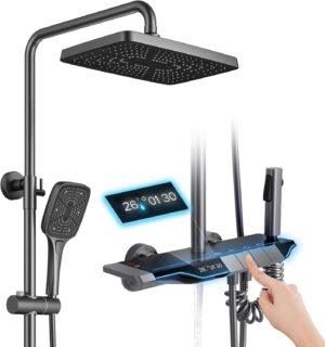 Shower System Thermostatic Piano Key Shower Faucet Set with Digital Display Ambient Lights Shower Combo Set with 12" Rain Shower Head, Tub Spout, Hand Shower, Bidet Sprayer, Gray