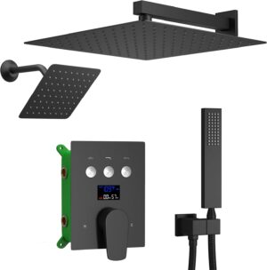 Shower System Matte Black Shower Faucet Set with Luxury 12 inch and 8 inch Full Body Dual Shower Head System, Handheld Spray, Digital Shower System with Temperature Display Function