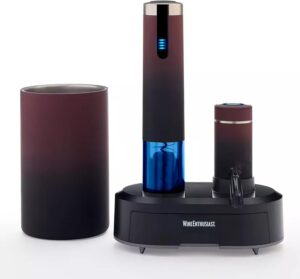 Wine Enthusiast Electric Blue Omega All-In-One Automatic Wine Opener & Preserver Set - Fully Electric Corkscrew with Charging Station & Accessories – Aerate Wines & Seal Bottles, 7 Piece Set (Ombre)
