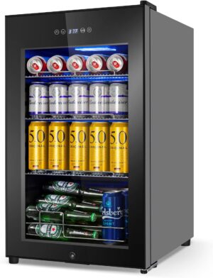 Beverage Refrigerator 17 Inch Wide, Mini Beverage Cooler with Glass Door 126 Cans, Countertop/Freestanding Beverage Beer Fridge with Temperature Memory, Perfect for Soda, Beer