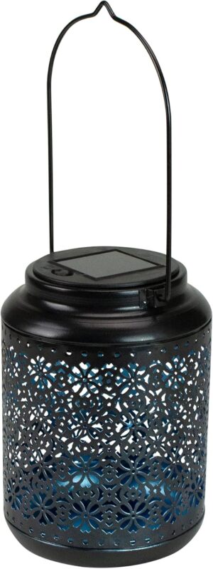 Northlight 7" Black Integrated Floral LED Solar Outdoor Lantern with Handle