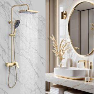 Shower Systems with 12 x8 Inches Rain Shower Head,Brushed Gold Exposed Pipe Shower System,3 Functions Tub Shower Faucet Sets,Overhead Shower System with Handheld