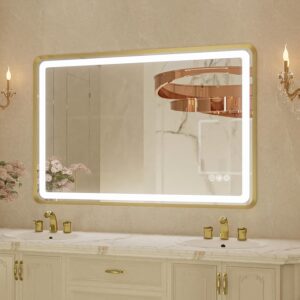 24x36 Inch LED Bathroom Mirror with Gold Metal Frame, Front and Backlit Vanity Mirror, Stepless Dimmable Wall Mirrors with Anti-Fog, 3 Colors, Memory Function, Waterproof, LED Smart Bathroom Mirror