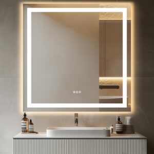 36"x 36" LED Bathroom Mirror with Stepless Dimmable, Backlight Wall Mirrors with Anti-Fog Bathroom Digital Mirror for Wall, 3 Color Modes, Memory Function Smart Mirror