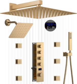 12 & 8 Inch Dual Heads Shower System Thermostatic Full Body Shower System with Handheld Sprayer, Body Jets Shower Faucet Set with Digital Display Valve,Brushed Gold