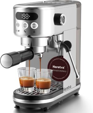 Neretva Espresso Machine 20 Bar, Super Compact Espresso Maker Stainless Steel Professional Coffee Machine Espresso with LED Display & Milk Frother for Home Barista Latte and Cappuccino Maker
