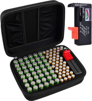 Battery Organizer Storage Box Case Holder for 48 x AA, 48 x AAA Total 96 Batteries with Battery Tester, Extra 2 Pockets for Other Accessories