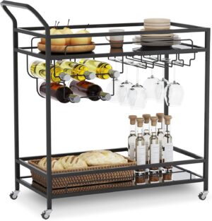 Bar Cart Black, Home Bar Serving Cart, Wine Cart with Mirrored Shelves, 5 Wine Holders & 9 Glass Holders for Kitchen, Dining Room, Black