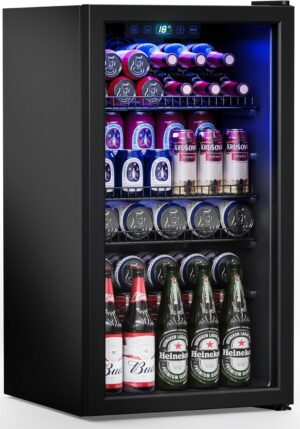 Beverage Refrigerator Cooler-120 Cans Freestanding Mini Fridge Cooler with Glass Door, Adjustable Shelves & Digital Temperature Display for Soda, Wine or Beer (Black, 3.2 Cu.Ft)