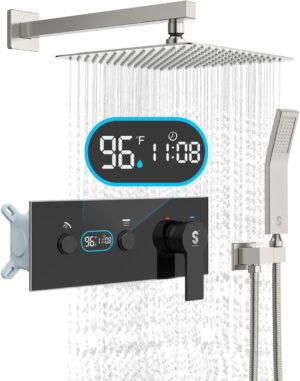 LED Digital Display Shower System - SR SUNRISE 10 Inch High Pressure Shower Head and Handheld, Thermostatic Valve, Luxury Rainfall Shower Faucet Perfect for Bathroom Remodel, Brushed Nickel