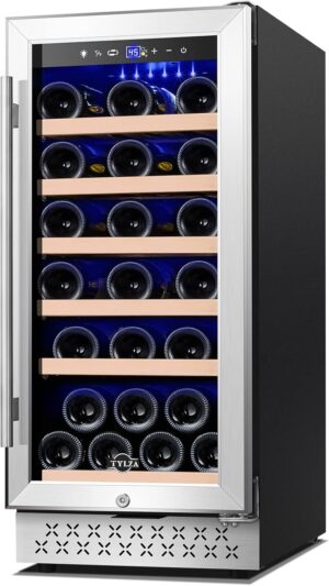 Tylza 15 Inch Wine Cooler Under Counter, 30 Bottle Capacity, Stainless Steel Tempered Glass Door, Constant Temperature Technology, Removable Shelves, Smart Control, 3.6 Cubic Feet