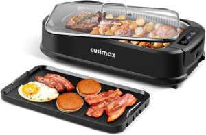 CUSIMAX Indoor Grill, Electric Smokeless Grill, 1500W Korean BBQ Grill, Electric Grill Griddle with LED Smart Display & Tempered Glass Lid, Non-stick Removable Grill Plate & Griddle Plate, Black