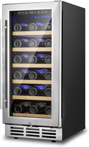 15 Inch Wine Cooler Refrigerator, 30 Bottle Wine Fridge with Removable Shelves, Wine Fridge Under Counter for Built-In or Freestanding, Wine Refrigerator with Double-Layer Glass Door, for Home, Office