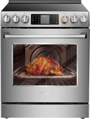 FOTILE RES30552 Stainless Steel 30" Slide-In Electric Range with True Convection and Air Fry, 5-Burner Stove, 5.7 Cu. Ft. Oven, Self-Cleaning Mode, FreshBake Feature, and Easy-Touch Controls