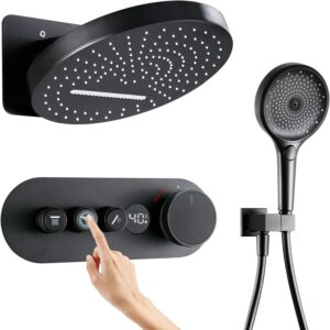 Thermostatic Digital Shower System, Smart Shower Systems with Rain Waterfall Shower Head and Handheld, 12 Inch Wall Mount Round Rain Shower System, 3 Way Full Body Shower System