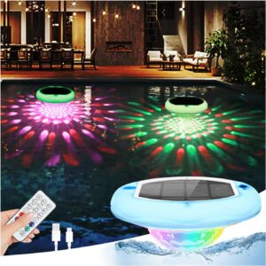 2-in-1 Solar Pool Lights USB Rechargeable Floating Pool Lights with Remote, 6.69 Inch 2600mAh IP68 Waterproof RGB 6 Dynamic Modes Upper and Lower Glow Hangable Light for Patio 1 Pack