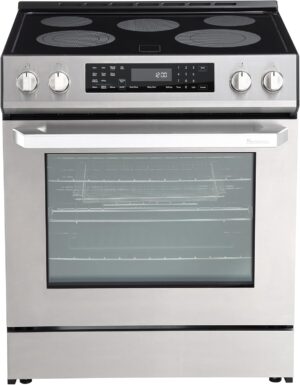 RRE303GS 30" Electric Range, 5 Burners, 5.0 cu. Ft. Capacity, Freestanding Slide-in AirFry, True Convection Oven, Self Cleaning, Easy Reach Racks, Glass Touch, Stainless Steel