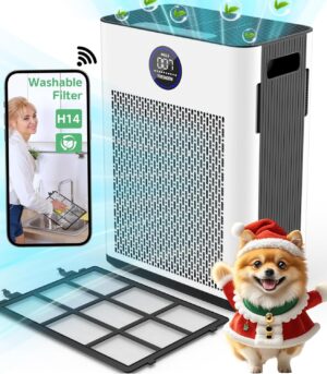 FRESHDEW Air Purifier for Home Up to 2300ft² With H14 True HEPA Smart WiFi Control & Double-Sided Intake | 22dB Ultra Quiet for Bedroom/Pet Homes | Removes Smoke, Odors, Pollen, Dust, Dander