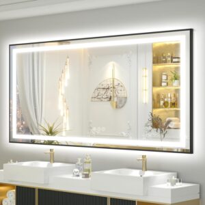 OKPAL LED Bathroom Mirror with Black Frame, 55x30 Lighted Mirrors for Bathroom Wall, Front and Backlit Bathroom Smart Mirror Dimmable, Anti-Fog, Memory, Shatterproof, ETL Listed