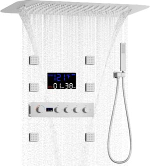 AYIVG Multifunctional Thermostatic Shower Set Digital Display Rain Shower System Brushed Nickel Shower Body Spray System Bathroom Full Body Shower Set With 16 * 24"Multi Shower Head