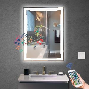 24''X32'' LED Bathroom Mirror with Lights, Built-in Bluetooth Speaker, Anti-Fog Dimmable 3 Lights Setting Backlit + Front Lit, Lighted Vanity Makeup Wall Mirrors, Shatter-Proof IP65 Waterproof