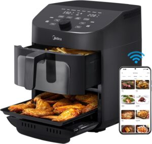 Midea Dual Basket Air Fryer Oven 11 Quart 8 in 1 Functions, Clear Window, Smart Sync Finish, Works with Alexa, Wi-Fi Connectivity, 50+ App Recipes for family meals, Bake, Roast, Grill, Broil, Toast