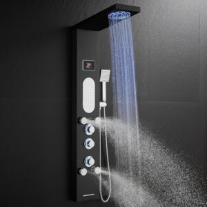 ROVOGO LED Shower Panel Tower System with Mist Rainfall Shower Head, Body Jets, Handheld and Tub Spout, No Battery Led Lights and Digital Display, Simultaneous Shower Column Stainless Steel, Black
